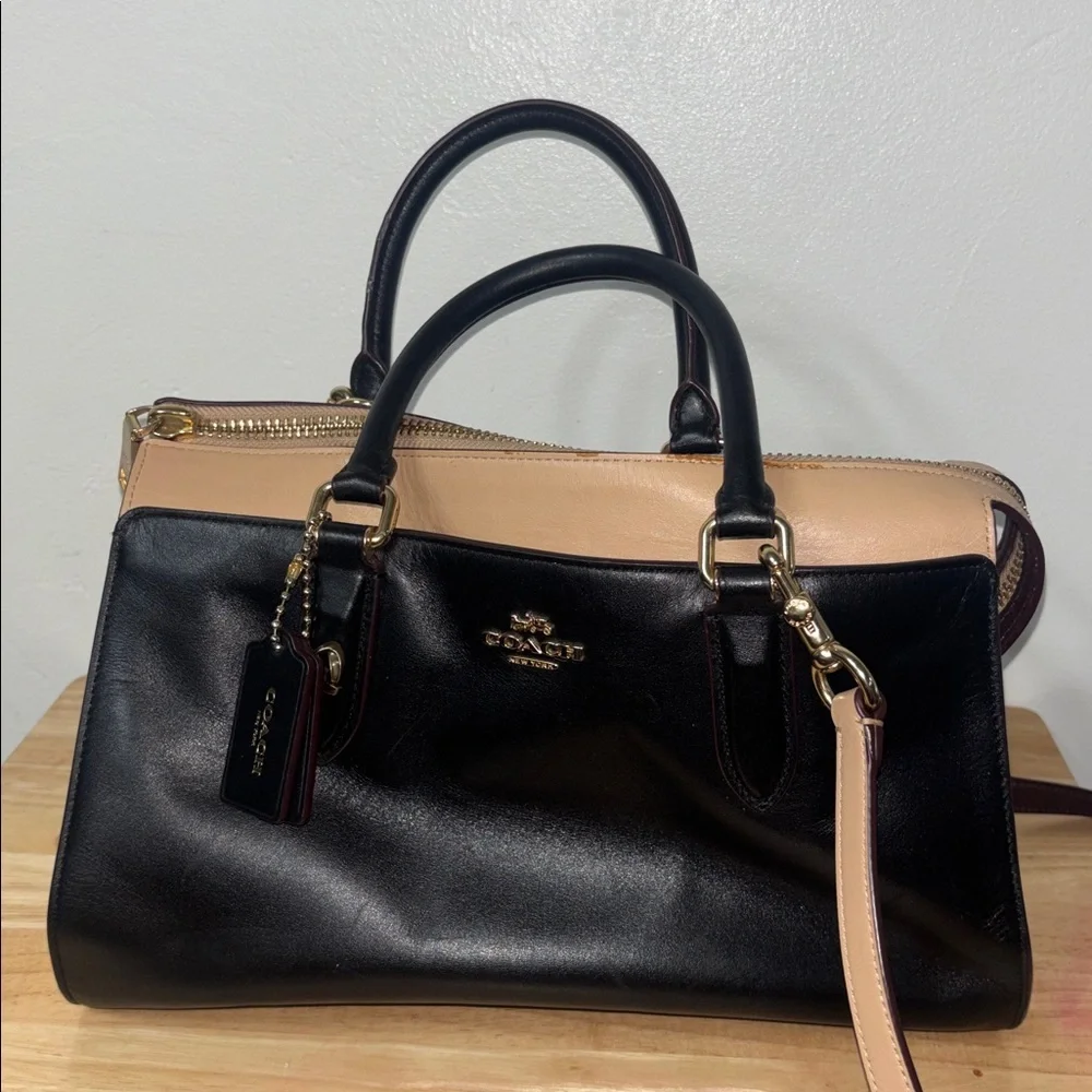 Coach X Selena Gomez Colorblock Satchel Crossbody Bag Purse Leather Black Tan